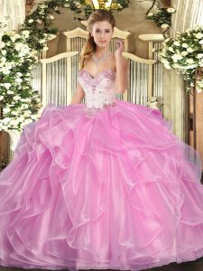 Dynamic Rose Pink Organza Lace Up Sweetheart Sleeveless Floor Length Sweet 16 Quinceanera Dress Beading and Ruffles