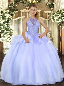 Blue Halter Top Lace Up Beading Quinceanera Gowns Sleeveless