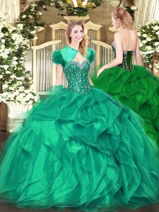 Fantastic Organza Sweetheart Sleeveless Lace Up Beading and Ruffles Quince Ball Gowns in Turquoise