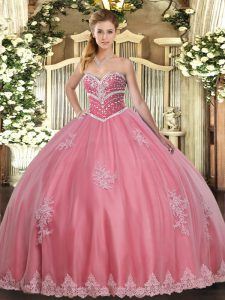 Ideal Watermelon Red Ball Gowns Tulle Sweetheart Sleeveless Beading and Appliques Floor Length Lace Up Sweet 16 Dresses
