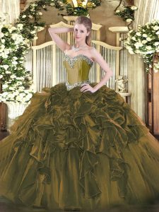 Olive Green Ball Gowns Sweetheart Sleeveless Organza Floor Length Lace Up Beading and Ruffles Quince Ball Gowns
