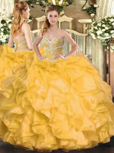 Comfortable Gold Ball Gowns Sweetheart Sleeveless Organza Floor Length Lace Up Beading and Ruffles Sweet 16 Quinceanera 