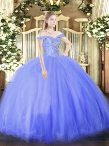 Blue Lace Up Ball Gown Prom Dress Beading Sleeveless Floor Length