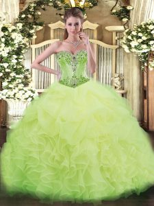Vintage Yellow Green Ball Gowns Beading and Ruffles Sweet 16 Dress Lace Up Organza Sleeveless