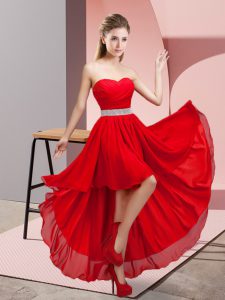 Wine Red A-line Sweetheart Sleeveless Chiffon High Low Lace Up Beading Prom Dress