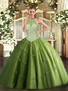 Glamorous Olive Green Quinceanera Gown Military Ball and Sweet 16 and Quinceanera with Beading and Appliques Halter Top 