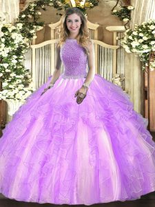 Luxurious Lavender Ball Gowns Square Sleeveless Tulle Floor Length Lace Up Beading and Ruffles Sweet 16 Dresses