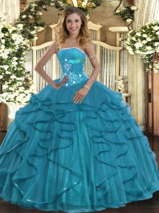Cute Ball Gowns Sweet 16 Quinceanera Dress Teal Strapless Tulle Sleeveless Floor Length Lace Up