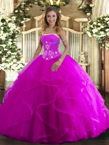 Gorgeous Fuchsia Ball Gowns Strapless Sleeveless Tulle Floor Length Lace Up Beading and Ruffles Sweet 16 Dress
