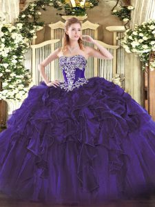 Discount Purple 15th Birthday Dress Military Ball and Sweet 16 and Quinceanera with Beading and Ruffles Strapless Sleeve