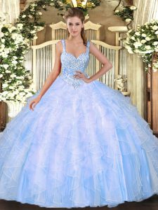 Simple Floor Length Light Blue Quince Ball Gowns Straps Sleeveless Lace Up