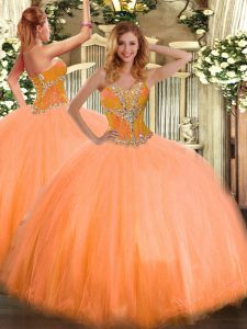 Fantastic Beading Quinceanera Gown Orange Lace Up Sleeveless Floor Length
