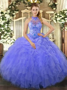 Vintage Sleeveless Floor Length Beading and Embroidery and Ruffles Lace Up Ball Gown Prom Dress with Blue