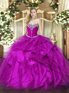 Trendy Fuchsia Sweetheart Neckline Beading and Ruffles Quinceanera Dresses Sleeveless Lace Up