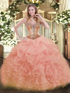 Sweetheart Sleeveless Quinceanera Gown Floor Length Beading and Ruffles and Pick Ups Peach Organza