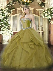 Enchanting Sweetheart Sleeveless Quinceanera Gown Floor Length Beading and Ruffles Olive Green Tulle