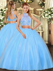 Popular Aqua Blue Two Pieces Halter Top Sleeveless Tulle Floor Length Criss Cross Beading Sweet 16 Dress