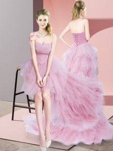 High Low Baby Pink Prom Dress Tulle Sleeveless Beading and Ruffled Layers