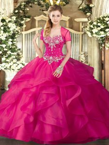 Hot Pink Tulle Lace Up 15 Quinceanera Dress Sleeveless Floor Length Beading and Ruffles