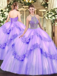 Sleeveless Tulle Floor Length Lace Up Quinceanera Gowns in Lavender with Beading and Appliques