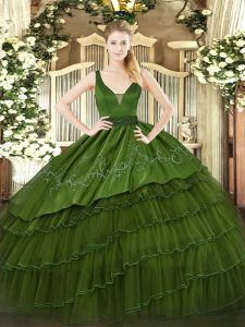 Exquisite Straps Sleeveless Sweet 16 Dresses Floor Length Beading and Embroidery and Ruffled Layers Dark Green Organza a