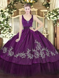 Purple Sleeveless Beading and Embroidery Floor Length Ball Gown Prom Dress