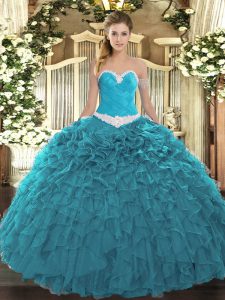 Organza Sweetheart Sleeveless Lace Up Appliques and Ruffles 15 Quinceanera Dress in Teal