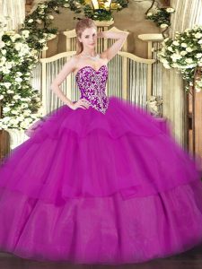 Admirable Sweetheart Sleeveless Lace Up 15th Birthday Dress Fuchsia Tulle