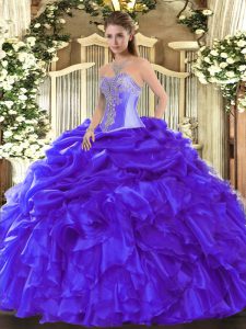 Affordable Blue Sweetheart Neckline Beading and Ruffles Quince Ball Gowns Sleeveless Lace Up