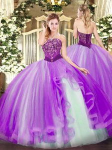 Best Lavender Ball Gowns Tulle Strapless Sleeveless Beading and Ruffles Floor Length Lace Up Ball Gown Prom Dress