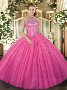 Custom Design Beading and Embroidery Quinceanera Gowns Hot Pink Lace Up Sleeveless Floor Length