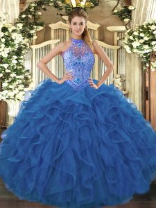 Blue Sleeveless Beading and Embroidery and Ruffles Floor Length Sweet 16 Dress