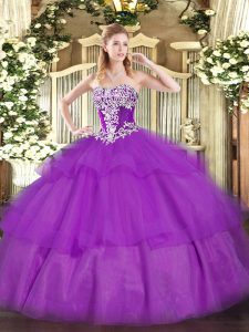 Latest Purple Sleeveless Tulle Lace Up Sweet 16 Dress for Military Ball and Sweet 16 and Quinceanera