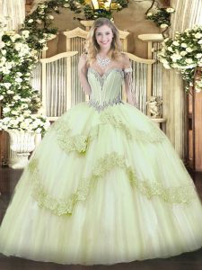 Pretty Yellow Green Quinceanera Dresses Military Ball and Sweet 16 and Quinceanera with Beading and Appliques Sweetheart