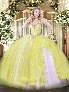 Sleeveless Floor Length Beading and Ruffles Lace Up Sweet 16 Dresses with Yellow