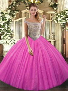 Modern Sleeveless Tulle Lace Up 15th Birthday Dress in Hot Pink with Beading
