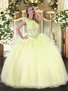 Custom Made Floor Length Light Yellow Sweet 16 Quinceanera Dress Scoop Sleeveless Lace Up