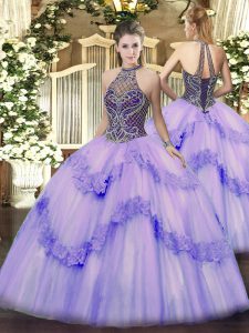 New Arrival Lavender Tulle Lace Up Halter Top Sleeveless Floor Length 15th Birthday Dress Beading and Appliques