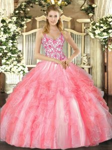 Decent Coral Red Tulle Lace Up 15th Birthday Dress Sleeveless Floor Length Beading and Ruffles