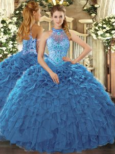 Teal Quinceanera Gown Prom and Sweet 16 and Quinceanera with Beading and Ruffles Halter Top Sleeveless Lace Up