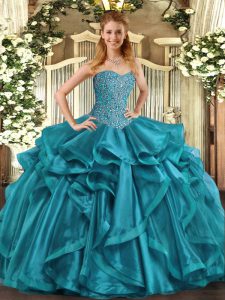 Teal Sweetheart Neckline Beading and Ruffles Sweet 16 Quinceanera Dress Sleeveless Lace Up
