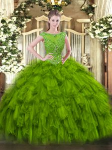 Olive Green Organza Zipper Scoop Sleeveless Floor Length Sweet 16 Dresses Beading and Ruffles