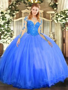 Blue Long Sleeves Floor Length Lace Lace Up Sweet 16 Quinceanera Dress