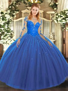 Blue Lace Up Sweet 16 Quinceanera Dress Lace Long Sleeves Floor Length