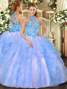 Organza Halter Top Sleeveless Lace Up Embroidery and Ruffles Quinceanera Gown in Baby Blue