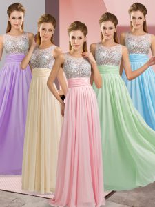 Baby Pink Empire Scoop Sleeveless Chiffon Floor Length Side Zipper Beading Dress for Prom