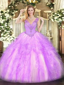 Sleeveless Floor Length Beading and Ruffles Lace Up Sweet 16 Dresses with Lilac