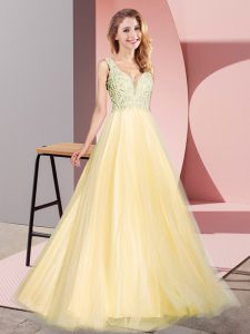 Tulle V-neck Sleeveless Zipper Lace Prom Dresses in Gold