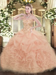 Cheap Peach Organza Lace Up Sweetheart Sleeveless Floor Length 15th Birthday Dress Appliques and Ruffles and Pick Ups