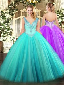 Exquisite Ball Gowns Ball Gown Prom Dress Aqua Blue V-neck Tulle Sleeveless Floor Length Lace Up